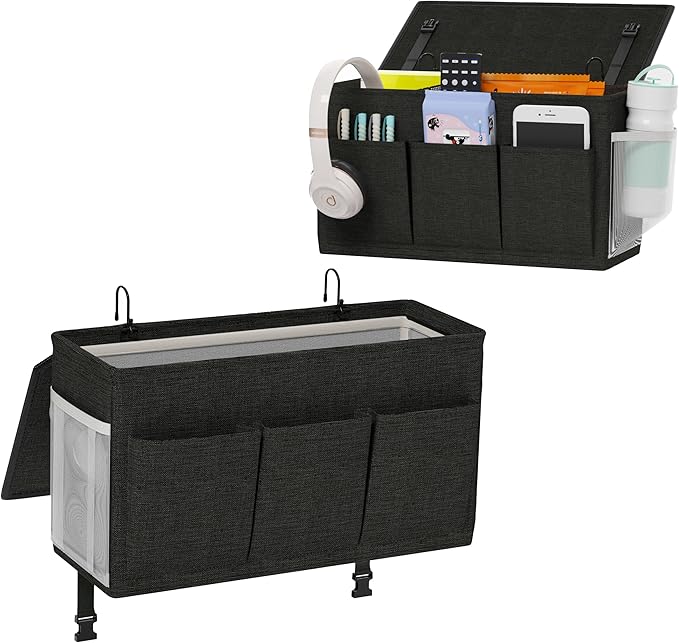 Dual-purpose Bedside Caddy Bedside Organizer, Bed Caddy with 6 Pockets, Versatile Bedside Storage Solution Magazine Remotes holder, ideal for Home, Dorm, Hospital, Crib Bed (Black 2 pcs)-Ruum Studio Home