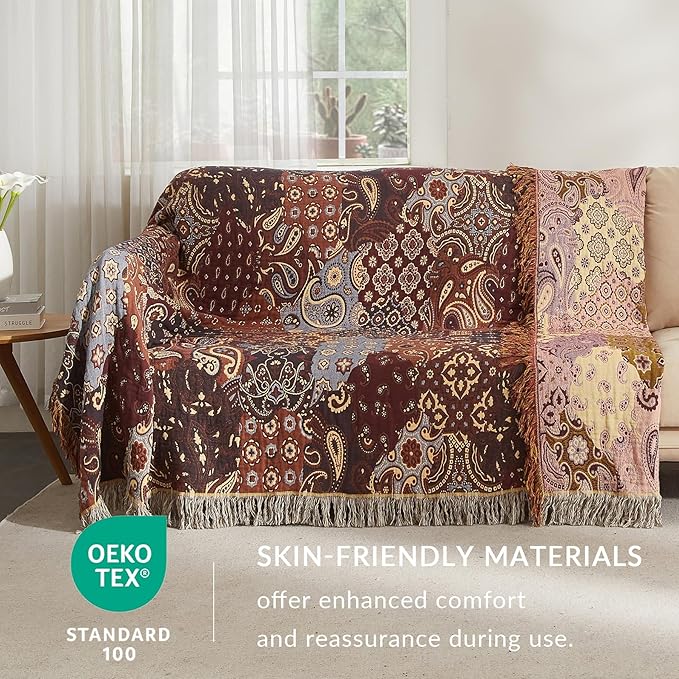 Boho Throw Blanket for Couch Sofa Bed, 100% Cotton Woven Quilt with Tassel 60”x80”, Super Soft Muslin Blanket with Patchwork Printed, Decorative Reversible Bed Blanket/Cover for All Seasons-Ruum Studio Home