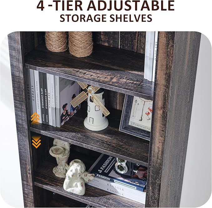 OKD 72'' Tall Bookshelf with Storage, Farmhouse 4 Tier Bookcase w/Barn Door, Adjustable Shelves and Drawers, Rustic Wooden Office Bookshelves for Home Bedroom, Living Room, Library (Dark Rustic Oak)-Ruum Studio Home