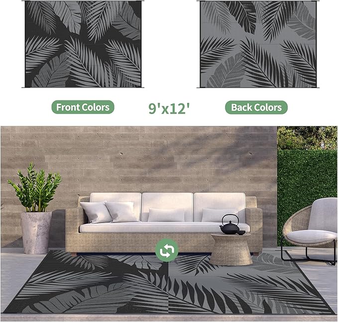 GENIMO Outdoor Rug 9' x 12' Waterproof for Patios Clearance, Reversible Outdoor Plastic Straw Camping Rug Carpet, Large Area Rugs Mats for RV, Camper, Deck, Balcony, Porch, Beach, Picnic, Black&Grey-Ruum Studio Home