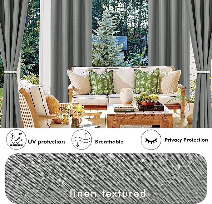 HolidayIdeas 4 Panels Linen Outdoor Curtains for Patio Waterproof Curtains 54" Wide x 84" Long-Indoor/Outdoor Light Grey Curtains Waterproof, Privacy for Pergola, Porch, Gazebo, Backyard, Sunroom-Ruum Studio Home