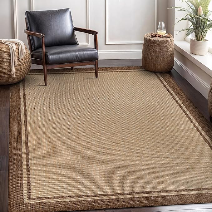 CAMILSON Outdoor Rug 8x10 Bordered Natural Brown Modern Area Rugs for Indoor and Outdoor Patios, Kitchen and Hallway Mats, Washable Porch Deck Outside Carpet (Border Jute, 8 x 10)-Ruum Studio Home