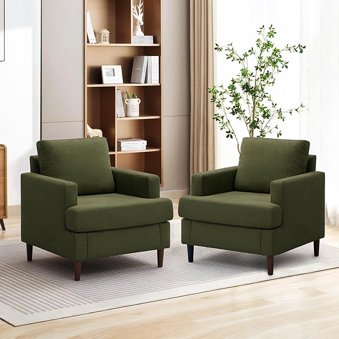 Mid-Century Accent Chair,Modern Linen Fabric Armchair for Living Room,Comfy Upholstered Reading Accent Chairs for Bedroom,Single Sofa Chair with Wood Legs (Green, 2 Pack)-Ruum Studio Home