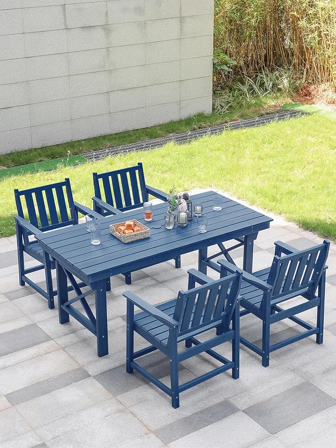 HDPE Patio Dining Set, 5-Piece Outdoor Table and Chairs with Umbrella Hole, Modern Outdoor Dining Set for 4, HDPE Outdoor Patio Furniture Dining Sets for Deck, Poolside, Porch, Navy-Ruum Studio Home