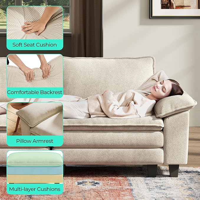LINSY HOME Oversized Sectional Sofa - 157'' Oversized Corduroy Cloud Couch Deep Seat Modular Sofas Soft Modern Comfy Couches Furniture for Living Room Apartment Office, Beige-Ruum Studio Home