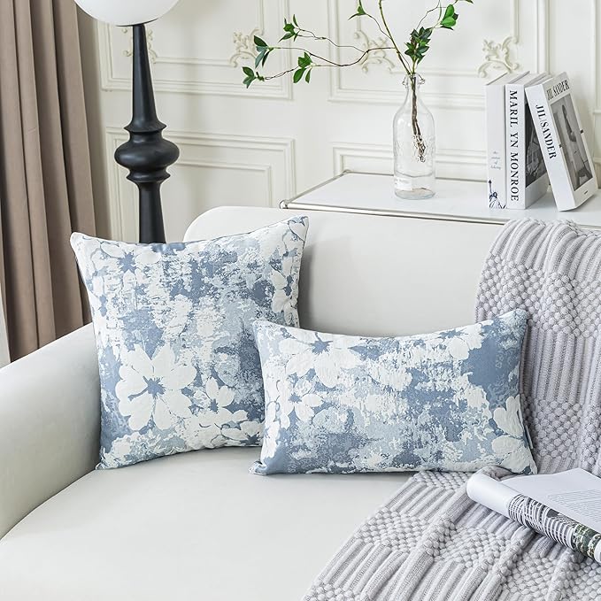 Jacquard Throw Pillow Covers 12x20 Inch Set of 2 - Vintage Floral Boho Pillow Cases with Botanical Pattern | Farmhouse Decor for Couch Living Room | Soft Textured Neutral Trio Dusty Blue 12" x 20"-Ruum Studio Home