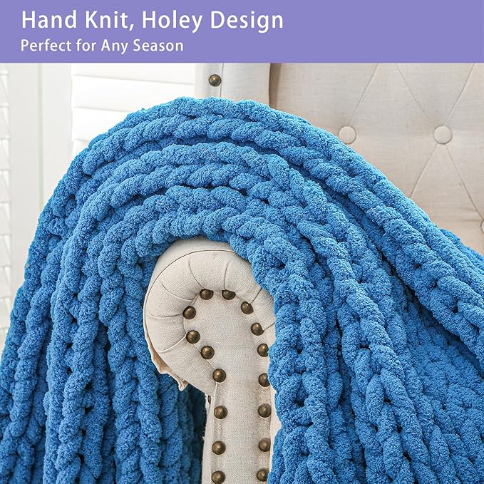 Bigacogo Chunky Knit Throw Blanket for Couch, 40x60 inches, 100% Hand Knitted with Thick Jumbo Chenille Yarn, Cozy Soft Large Rope Knot Cable Crochet Blankets for Sofa Bed Living Room, Bright Blue-Ruum Studio Home