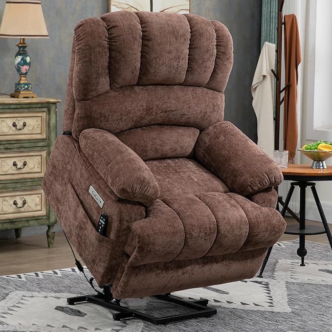 Large Power Lift Recliner Chair with Massage and Heat for Elderly, Ergonomic Backrest, Infinite Adjust, 2 Side Pockets,USB and Type-C Ports, Chenille Brown-Ruum Studio Home