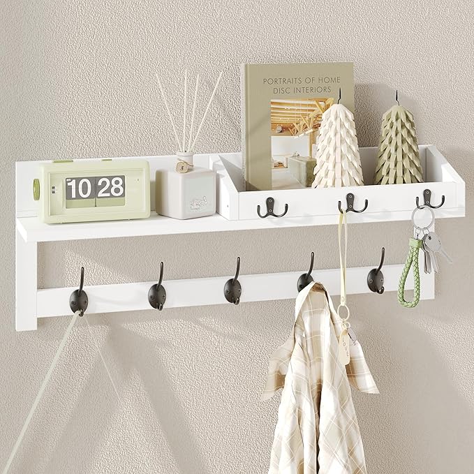 AMBIRD 26.57-Inch Wall Hanging Shelf With Coat Hooks - Entryway Wood Rack With 5 Dual Hooks, 3 Key Hooks, Mail Organizer and Key Holder (White)-Ruum Studio Home