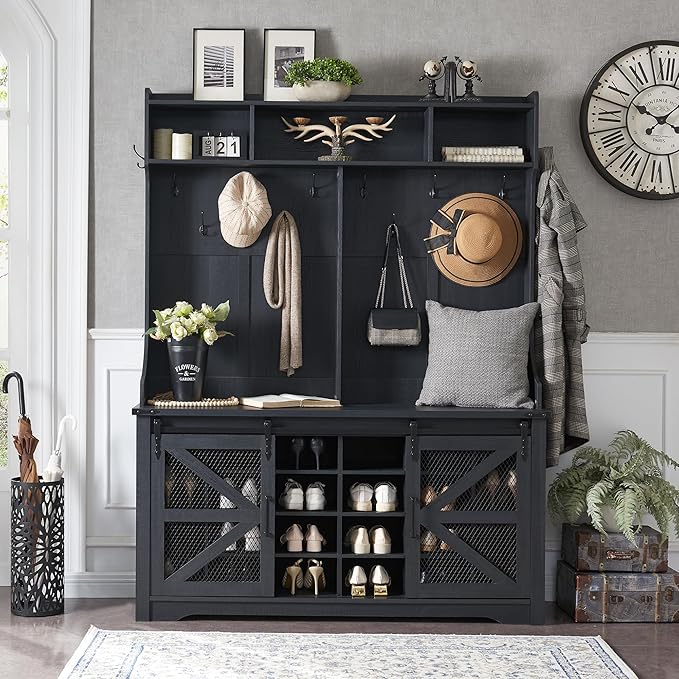 JXQTLINGMU 59" Farmhouse Hall Tree with Shoe Storage, Entryway Bench with 20 Cubbies, 12 Hooks & Sliding Barn Doors, Mudroom Coat Rack Cabinet, Black-Ruum Studio Home