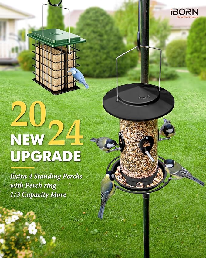 iBorn Metal Bird Feeder for Outside Hanging,Wild Bird Feeders for Cardinal,18cm Large Roof&Tray Black 10 Port(Seed is not Included)-Ruum Studio Home