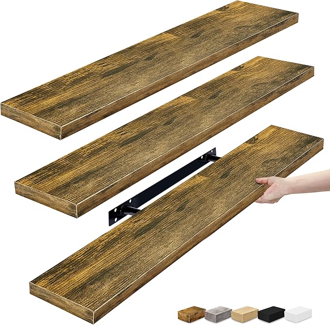 Sorbus Floating Shelves for Wall - 35 Inch Long Bathroom Shelves, Wall Decor for Bedroom, Kitchen, Living Room & Book Storage - Mounted Floating Shelf with Invisible Brackets (Rustic Brown, 3 Pack)-Ruum Studio Home