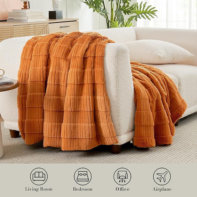 Amélie Home Luxury Striped Faux Fur Throw Blanket for Couch, Embossed Split Fur Cozy Fuzzy Fluffy Luxurious Soft Plush Sofa Chair Bed Gift Blankets for Women Men Wife Friend, 60"x80", Brown-Ruum Studio Home