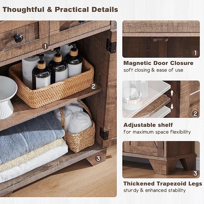 Bathroom Floor Cabinet, Farmhouse 24" Wide Cabinet with Drawer, Adjustable Shelf, Barn Doors, Cabinets for Bathroom, Kitchen, Living Room, Rustic Brown-Ruum Studio Home