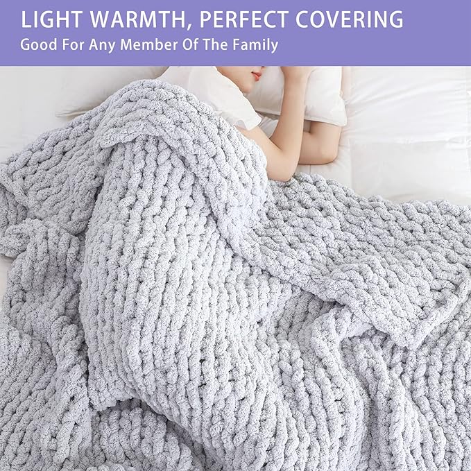 Bigacogo Chunky Knit Throw Blanket for Couch, 51x63 inches, 100% Hand Knitted with Thick Jumbo Chenille Yarn, Cozy Soft Large Rope Knot Cable Crochet Blankets for Sofa Bed Living Room, Light Grey-Ruum Studio Home