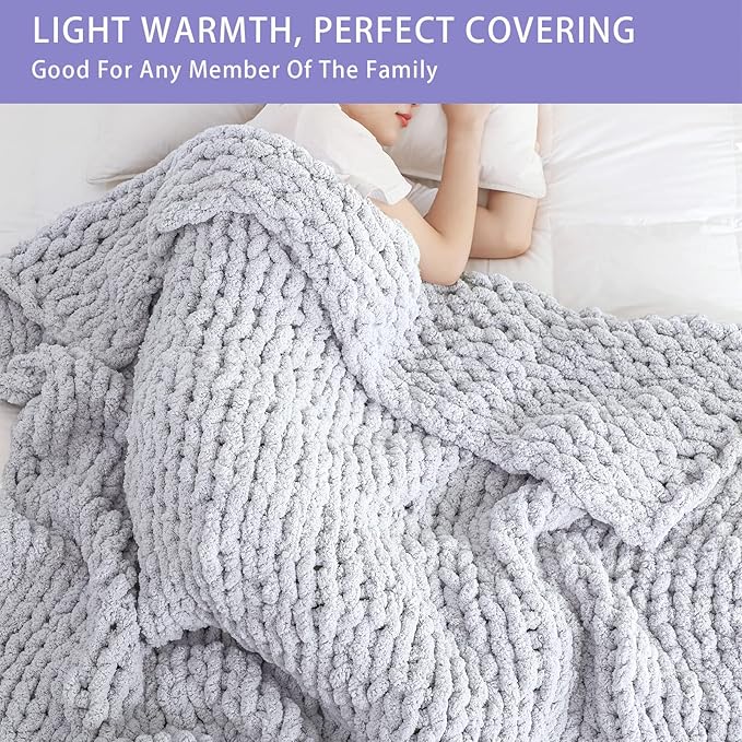 Bigacogo Chunky Knit Throw Blanket for Couch, 60x80 inches, 100% Hand Knitted with Thick Jumbo Chenille Yarn, Cozy Soft Large Rope Knot Cable Crochet Blankets for Sofa Bed Living Room, Light Grey-Ruum Studio Home