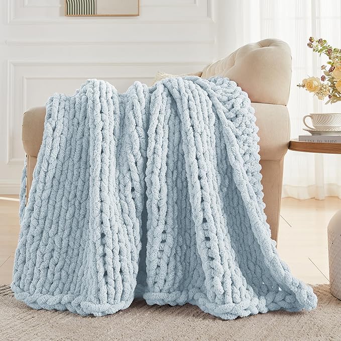 Carriediosa Chunky Knit Throw Blanket 60" X 80" Twin, 100% Hand Made Large Chenille Loop Yarn Soft Fluffy Throws for Couch Sofa Bed, Big Crochet Cozy Heavy Thick Cable Woven Blanket, Light Blue-Ruum Studio Home