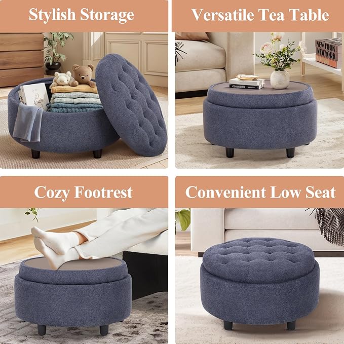 COLAMY Fabric Round Storage Ottoman with Reversible Tray Lid – Multi-Functional Footrest, Hidden Storage, Sturdy & Stylish Small Coffee Table for Living Room, Bedroom, or Entryway(Blue)-Ruum Studio Home