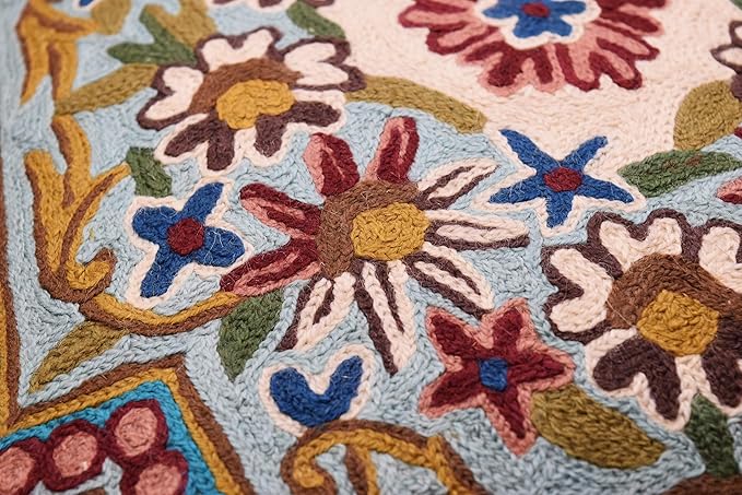 Turquoise Floral Pillow Cover Traditional Blue Flower Pillowcase Traditional Outdoor Cushion Suzani Flower Throw Florals Chair Farmhouse Hand Embroidered Cushions Wool 18x18 Inch-Ruum Studio Home