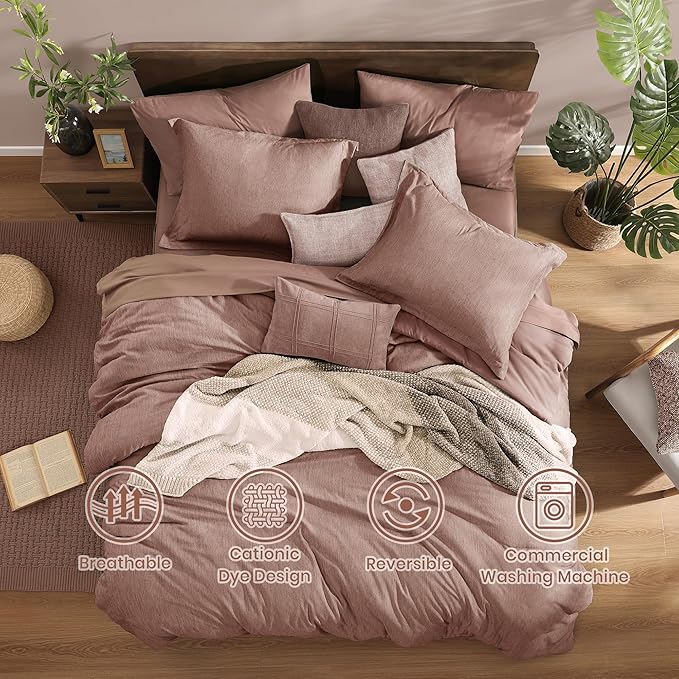 Monbix Queen Comforter Set - 7 Pieces Dusty Pink Cationic Dyeing Bed in a Bag Queen Bedding Sets with Sheets, Pillowcases & Shams, Reversible Bedding Comforters-Ruum Studio Home