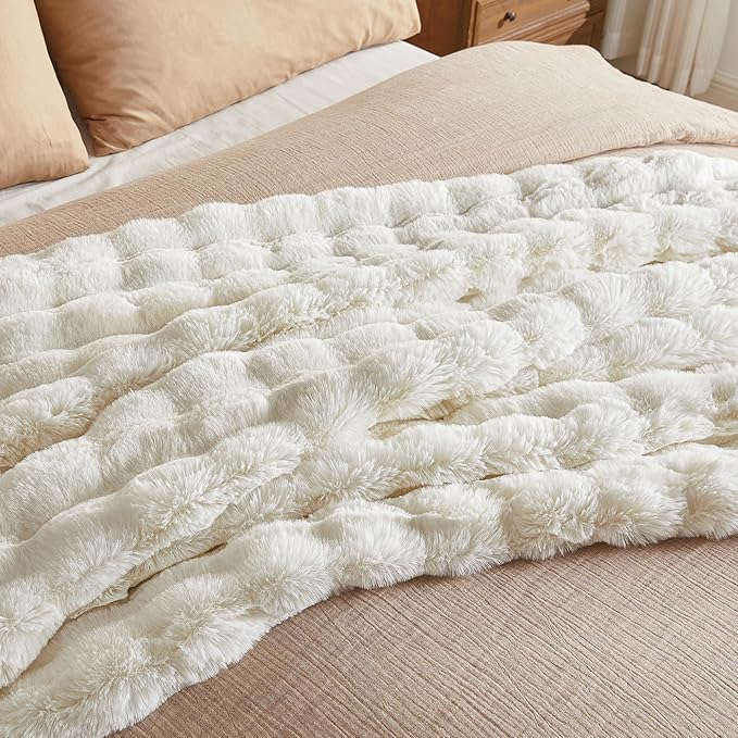 JELLYMONI Faux Fur Throw Blanket, White Fuzzy Cozy Plush Bubble Bed Blanket, Thick and Warm, Queen (90" x 90")-Ruum Studio Home