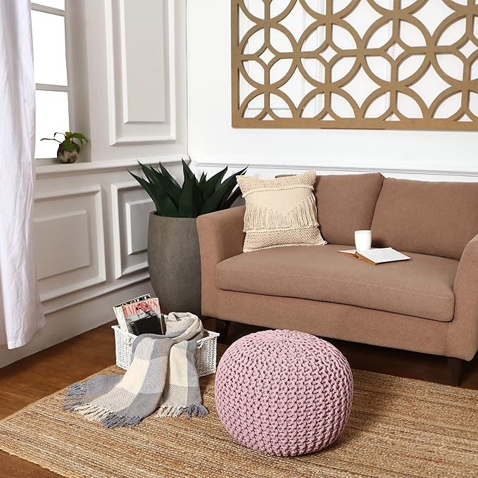 REDEARTH Round Pouf Ottoman - Hand Knitted Boho Poof Home Décor Pouffe Circular Footrest for Living Room - Bedroom - Lounge - 100% Cotton (19.5"x19.5"x14") - Pale Pink-Ruum Studio Home