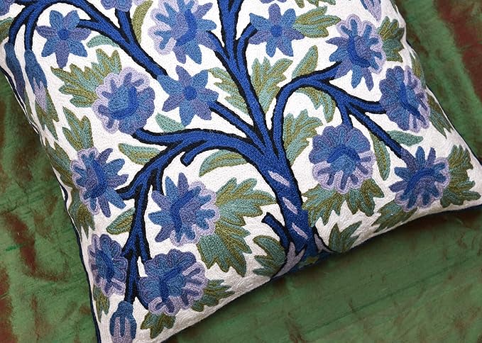 Blue Tree of Life Pillow Cover Indigo Plant Floral Pillowcase Needlepoint Botanical Flower Suzani Cushions Traditional Boho Modern Floral Cushion Wool Size - 18x18-Ruum Studio Home