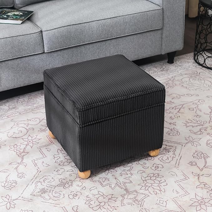 Adeco 17 Inch High Striped Flannel Black Cube Ottoman Storage, 3D Embossed Velvet Chair Foot Stools, Upholstered Vanity Stool with Hinged Lid, Solid Round Wood Legs-Ruum Studio Home