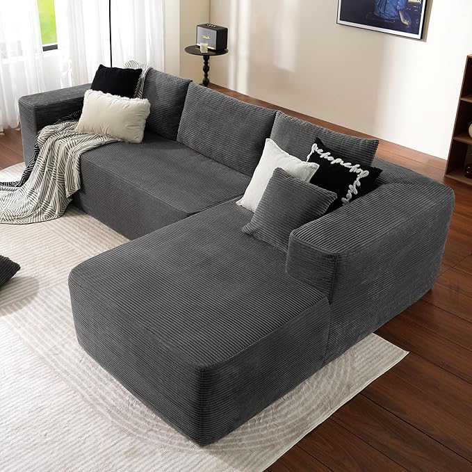 ovios 104" Cloud Sectional Couch with L-Shape Chaise,Modern Modular Sofa with Deep Seat, Upholstered Couches for Living Room Bedroom,No Assembly Required, Grey (Corduroy Fabric)-Ruum Studio Home