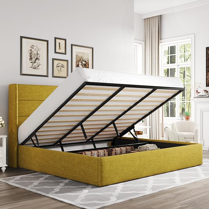 Allewie King Size Lift Up Storage Bed, Modern Wingback Headboard, Hydraulic Support, No Box Spring Needed, Olive Yellow-Ruum Studio Home