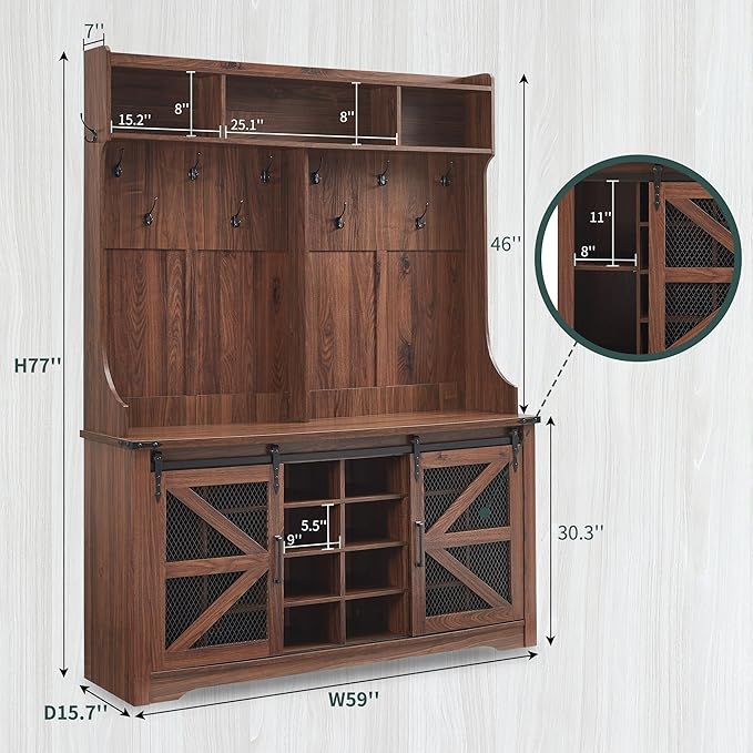 JXQTLINGMU 59" Farmhouse Hall Tree with Shoe Storage, Entryway Bench with 20 Cubbies, 12 Hooks & Sliding Barn Doors, Mudroom Coat Rack Cabinet, Brown-Ruum Studio Home