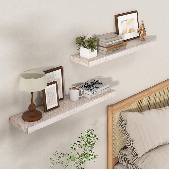 Axeman Floating Shelves for Wall - 32''W x 8'' D Rustic Solid Elm Wood Shelves for Storage, Wall Mounted Display Shelving with Invisible Heavy-Duty Metal Bracket (White Wash, 2PCs)-Ruum Studio Home
