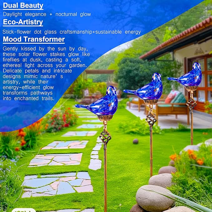 Decorative Solar Lights, Outdoor Solar Bird Stake Lights, Hand Blown Glass Decorative Garden Pathway Lights Outdoor Waterproof Glass Stakes (Dark Blue)-Ruum Studio Home