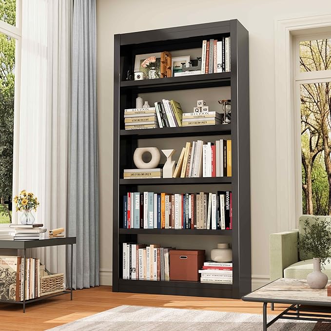 Bookshelf, 5 Tier Metal Bookshelf, 69" H Tall Bookcase with Adjustable Shelves, Large Industrial Bookshelves for Living Rooms, Home Offices, Library, 10 Minutes Assemble-Ruum Studio Home