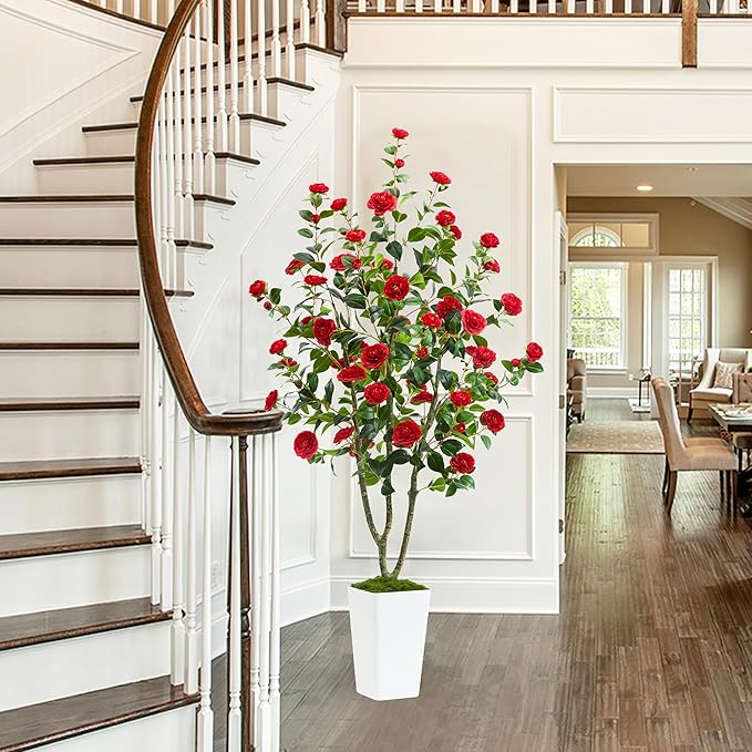 Artificial Camellia Tree 6FT Faux Trees Indoor Fake Floral Plant Blooming Tree with Red Flowers & White Tall Planter, Faux Camellia Plants for Porch Home Room Bedroom Office Front Door Outdoor Decor-Ruum Studio Home