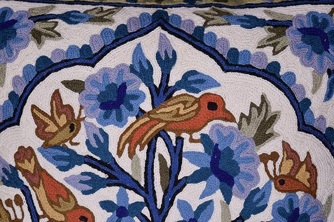Blue Tree of Life Pillow Cover Blues Birds Floral Decorative Pillowcase Flower Outdoor Suzani Cushion Needlepoint Hand Embroidered Wool Size - 18x18-Ruum Studio Home