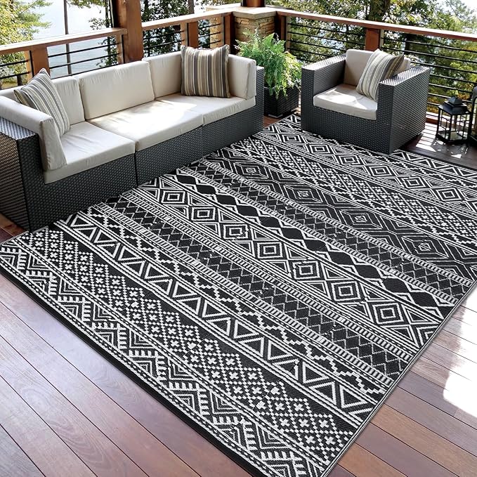 GAOMON Outdoor Rug Waterproof 8'x10', Reversible Outdoor Plastic Straw Rug, Boho Patio Rug, Indoor Outdoor Carpet, RV Mat Outside for Patio, Camp, Picnic, Balcony, Deck, Black/White(Bohemia)-Ruum Studio Home