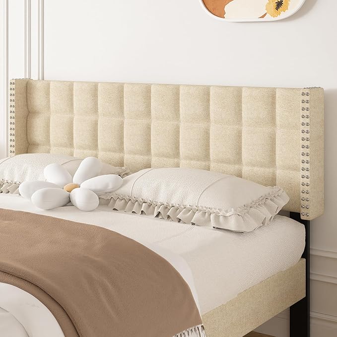 VECELO Headboard Queen Size, Linen Upholstered Headboards Only with Nailhead Trim Wingback, Square Stitched Design, Adjustable Height from 40" to 49.8", Oatmeal-Ruum Studio Home