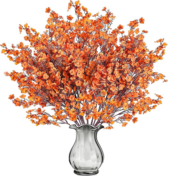 Sggvecsy 15 Pcs Babys Breath Artificial Flowers Gypsophila Bouquets Bulk Real Touch Fake Silk Flowers for Home DIY Floral Arrangement Table Centerpiece Fall Autumn Decoration (Fall Orange)-Ruum Studio Home