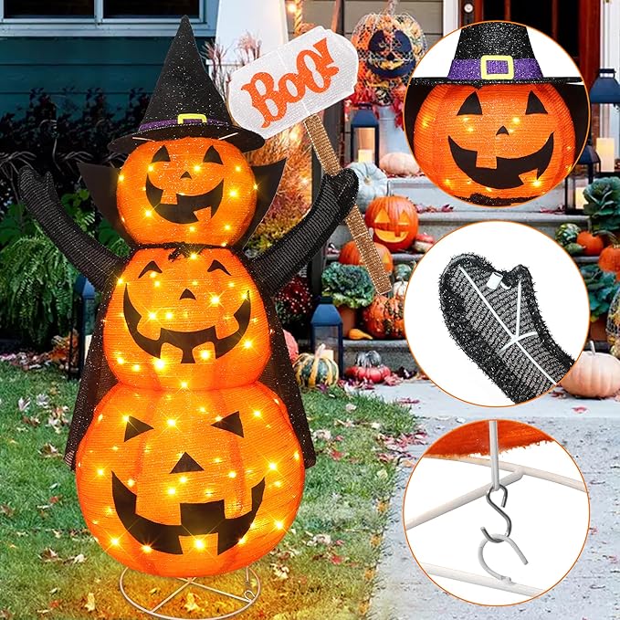 Halloween Decoration 4.3FT Retractable Jack-O-Lantern, 100 LED Collapsible Pumpkin Lantern with Black Star Hat, Plug in Halloween Lights with Stand for Indoor Outdoor Lawn Backyard Garden Decor-Ruum Studio Home