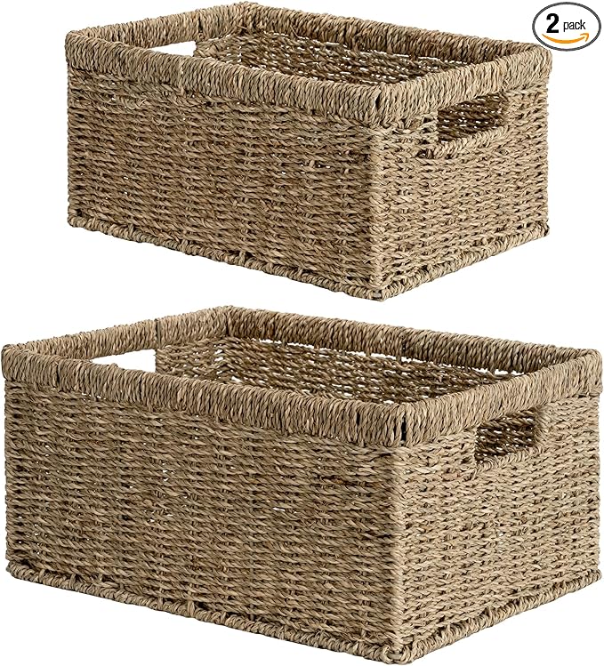 StorageWorks Wicker Storage Baskets, Large and Small Baskets, Handwoven Seagrass Basket for Organizing, Decorative Organizers with Built-in Handles, Set of 2-Ruum Studio Home