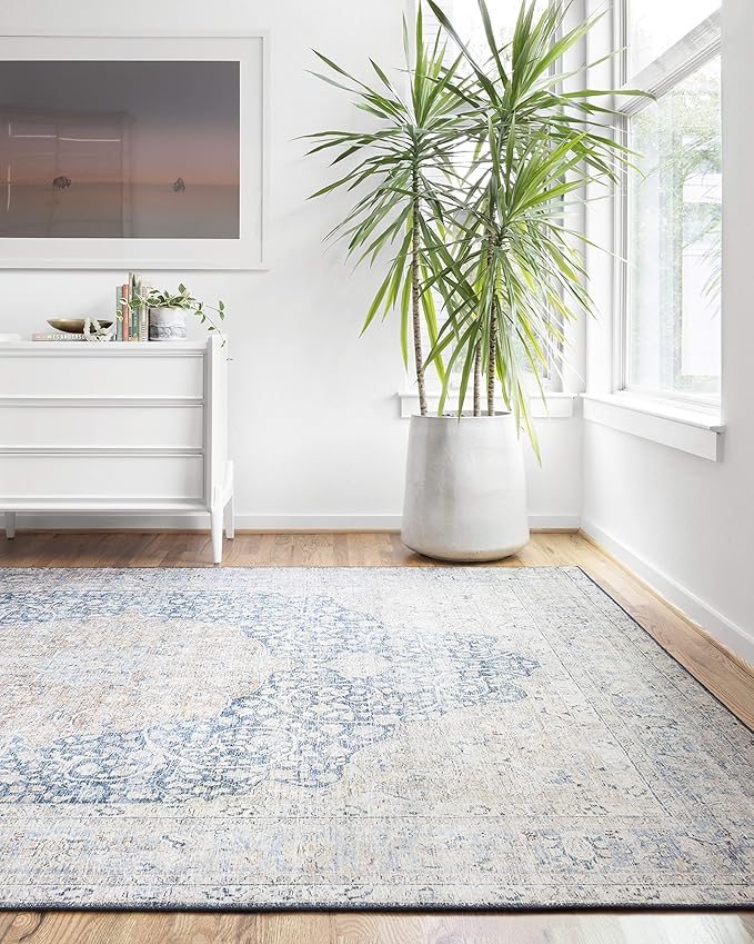 Loloi Layla Collection LAY-07 Blue/Tangerine 2'-6" x 9'-6" .13" Thick Runner Rug, Soft, Durable, Vintage Inspired, Distressed, Low Pile, Non-Shedding, Easy Clean, Printed, Living Room Rug-Ruum Studio Home