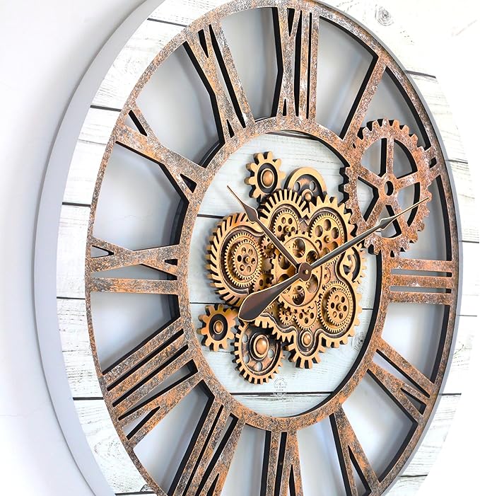 The Gears Clock 36'' Inch Real Moving Gear Wall Clock Vintage Industrial Oversized Rustic Farmhouse (White Farmhouse)-Ruum Studio Home