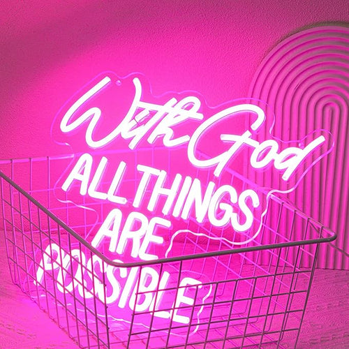 "With God All Things Are Possible" Neon Sign God Neon Light for Wall Decor Letter LED Neon Sign Pink LED Neon Light Dimmable Neon Signs for Bedroom Wedding Church Decoration-Ruum Studio Home