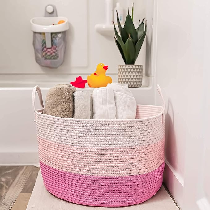 OrganiHaus Toy Storage Basket for Kids, Large Cotton Rope Organizer Bin for Nursery, Toy Box, Blanket Holder, Baby Hamper for Living Room, Soft & Washable, 20x13 inches - Pink-Ruum Studio Home