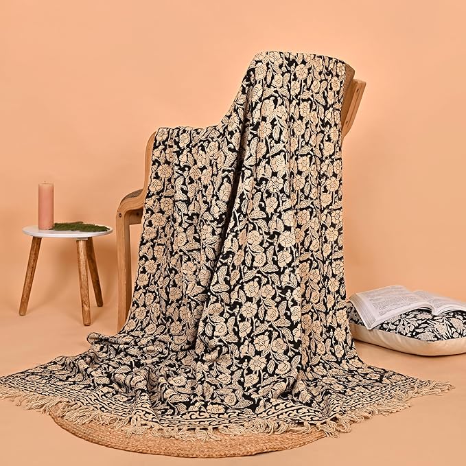 Handmade Cotton Throw Blanket, Floral Block Print, Black and Beige Wrap, 47x71 inches Decorative Woven Throw with Tassels-Ruum Studio Home