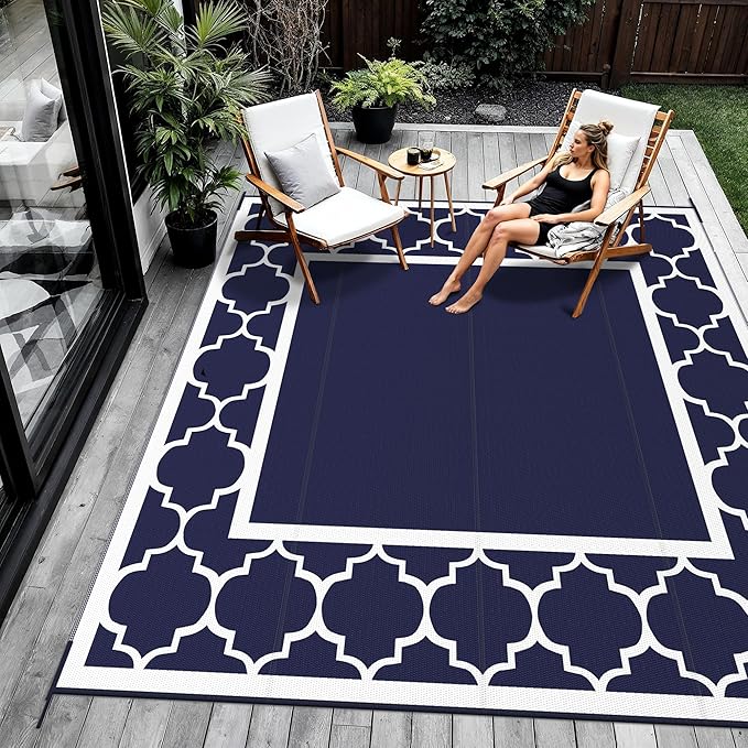GENIMO 10 ' x 10 ' Outdoor Rug Waterproof for Patio Decor, Foldable Reversible Plastic Straw Area Rugs Mat for Camper, Outside Carpet for Rv, Deck, Porch, Picnic, Beach, Balcony, Blue & White-Ruum Studio Home