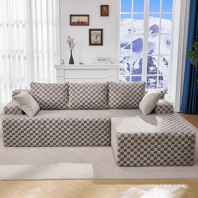 Hobestluk 96“ Modular Sectional Sofa Couches L-Shape Couch 3 Seat Modular Sofa Memory Foam Sectional Couches for Living Room, Cloud Couch with Oversized Chaise (Grey, Checked (Right Facing Chaise))-Ruum Studio Home