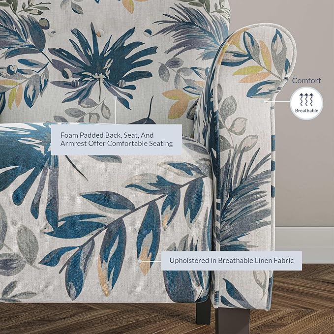 BELLEZE Modern Accent Chair for Living Room, High Back Floral Armchair w/Wooden Legs, Upholstered Wingback Side Chair Padded Armrest Single Sofa for Living Room, Bedroom - Allston (Green Blue Floral)-Ruum Studio Home