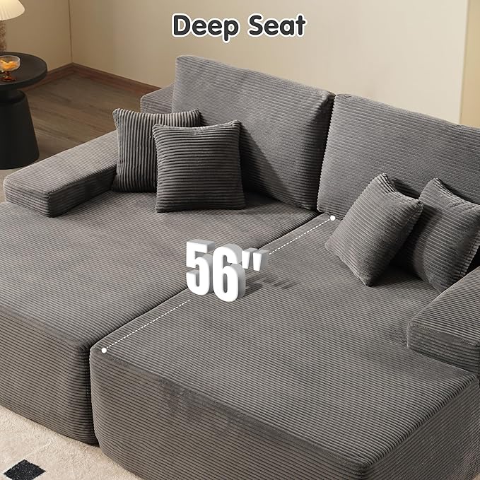 ovios 81" Oversized Sectional Double Lounge Chaise with Cloud Plush Sofa Bed, No Assembly Required, Fluffy Modern Sleeper Loveseat Chair for Indoor Living Room Bedroom Reading, Grey (Corduroy Fabric)-Ruum Studio Home